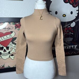 Tan Ribbed Mock Neck Top